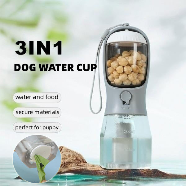 Dog Water Cup 3-in-1 – Water Bottle, Food Container & Waste Bag Dispenser